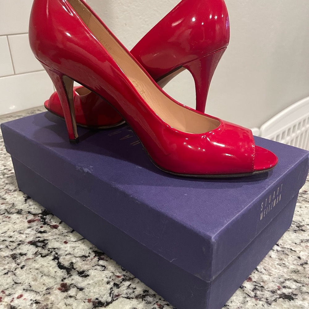 Stuart Weitzman Glossy Red Peep-Toe Heels